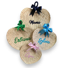 Load image into Gallery viewer, Personalized embroidered abaniko fan set with colorful ribbon bows and custom names on woven straw

