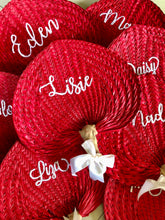 Load image into Gallery viewer, Personalized embroidered abaniko fan in red with white ribbon from Travellers Hat Boutique
