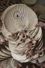 Load image into Gallery viewer, Stack of personalized embroidered abaniko fan accessories with ribbons handcrafted from woven material

