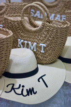 Load image into Gallery viewer, Personalized straw beach bag with round handles and custom name embroidery by Travellers Hat Boutique
