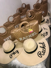Load image into Gallery viewer, Personalized straw beach bag and matching hats with custom names from Travellers Hat Boutique
