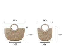 Load image into Gallery viewer, Two sizes of personalized straw beach bag totes with round handles and natural woven texture
