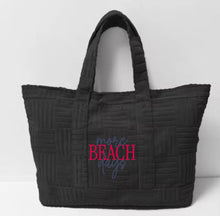 Charger l&#39;image dans la galerie, Black terry cloth beach tote bag with quilted texture and &#39;more beach days&#39; text design
