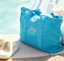 Charger l&#39;image dans la galerie, Turquoise terry cloth beach tote bag with Salty Beach text, perfect for summer by Travellers Hat Boutique
