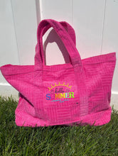 Charger l&#39;image dans la galerie, Pink terry cloth beach tote bag with hello summer embroidery from Travellers Hat Boutique
