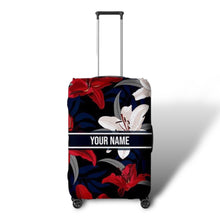 Load image into Gallery viewer, Travel luggage cover with name featuring red and white floral design on black background by Travellers Hat Boutique
