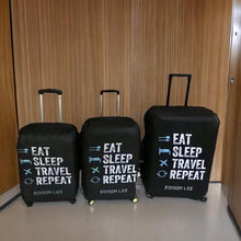 Load image into Gallery viewer, Black travel luggage cover with name Edison Lee and Eat Sleep Travel Repeat design on three suitcases
