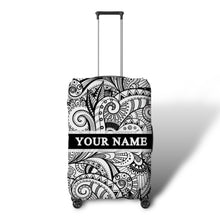 Load image into Gallery viewer, Travel luggage cover with name in black and white intricate patterns on suitcase from Travellers Hat Boutique
