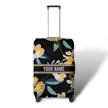 Load image into Gallery viewer, Travel luggage cover with name personalized floral design on black background for protective suitcase cover
