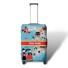 Load image into Gallery viewer, Colorful travel luggage cover with name featuring Korea map and traditional clothing design
