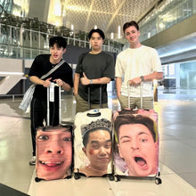 Load image into Gallery viewer, Travel luggage cover with name featuring custom face prints on three suitcases carried by travelers
