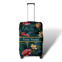 Load image into Gallery viewer, Floral travel luggage cover with name on a suitcase with extended handle by Travellers Hat Boutique
