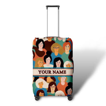 Load image into Gallery viewer, Travel luggage cover with name featuring colorful illustrated faces on a suitcase by Travellers Hat Boutique
