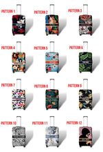 Load image into Gallery viewer, Collection of travel luggage cover with name featuring 12 colorful patterns from Travellers Hat Boutique
