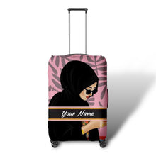 Load image into Gallery viewer, Travel luggage cover with name featuring a stylish woman in black hijab on pink background

