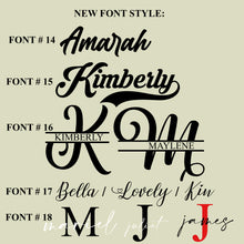 Load image into Gallery viewer, Font style options for personalized totes from Travellers Hat Boutique featuring Amarah, Kimberly, Bella, and script fonts
