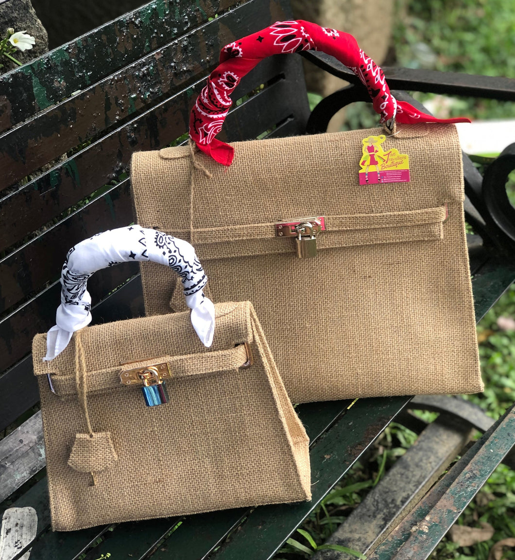 Travellers Hat Boutique eco friendly kelly style tote bags in natural burlap with colorful bandana handles