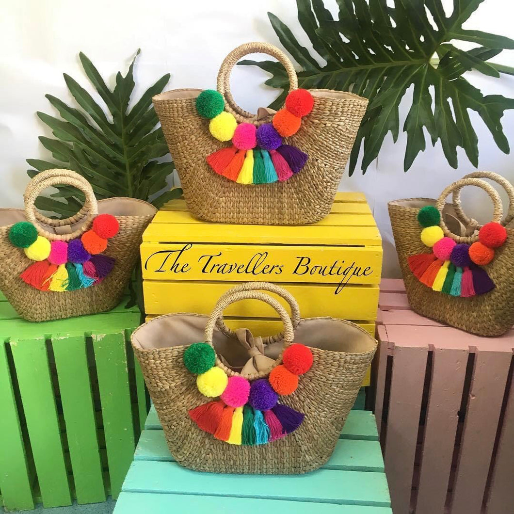 Bangkuang Basket with Pompoms - Travellers Hat Boutique