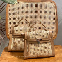 Load image into Gallery viewer, Genuine leather solihiya bag tote with woven rattan front and tan leather trim from Travellers Hat Boutique
