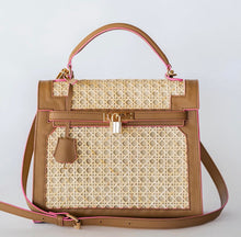 Load image into Gallery viewer, Travellers Hat Boutique genuine leather solihiya bag tote with tan leather trim and pink accents
