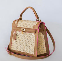 Load image into Gallery viewer, Travellers Hat Boutique genuine leather solihiya bag tote with brown leather trim and pink accents
