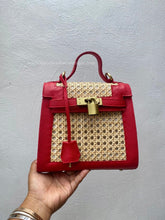 Load image into Gallery viewer, Genuine leather solihiya bag tote with red leather trim and woven solihiya design by Travellers Hat Boutique
