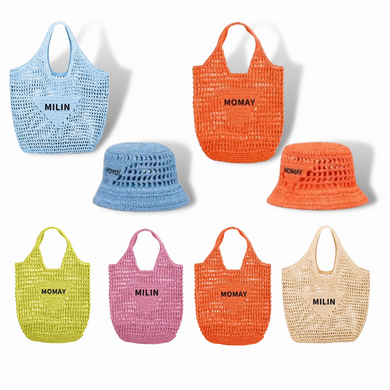 Colorful handmade raffia bucket bag collection with matching hats by Travellers Hat Boutique