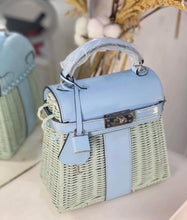 Lade das Bild in den Galerie-Viewer, Handmade wicker purse for women tote bag with light blue leather accents by Travellers Hat Boutique
