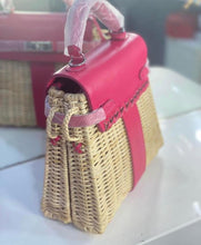 Lade das Bild in den Galerie-Viewer, Handmade wicker purse for women tote bag with red leather accents and double compartments
