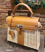 Lade das Bild in den Galerie-Viewer, Handmade wicker purse for women with tan leather accents and lock closure from Travellers Hat Boutique
