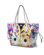 Carregar imagem no visualizador da galeria, Holographic beach tote bag with colorful cartoon patches and white handles from Travellers Hat Boutique
