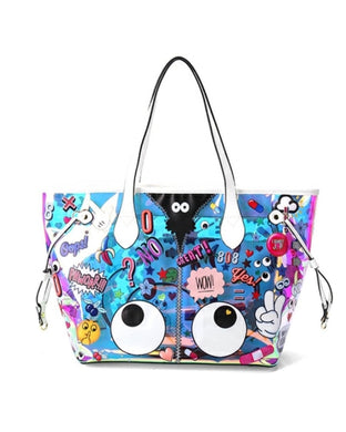 Travellers Hat Boutique holographic beach tote bag with colorful cartoon graphic design and white handles