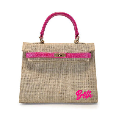Travellers Hat Boutique jute bag with croco leather handle in pink and natural woven tote bag