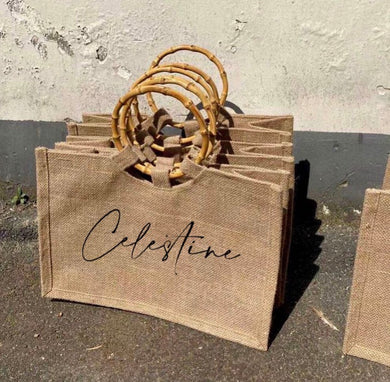 Jute tote bags with bamboo handles and Celestine text by Travellers Hat Boutique