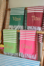 Load image into Gallery viewer, Colorful personalized beach towel accessories with custom embroidery names from Travellers Hat Boutique
