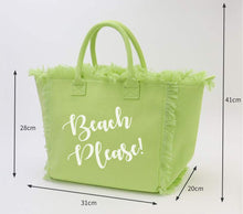 Lade das Bild in den Galerie-Viewer, Light green personalized canvas tote with fringe featuring Beach Please text and double handles
