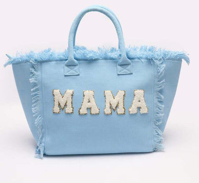 Light blue personalized canvas tote with fringe and MAMA lettering by Travellers Hat Boutique