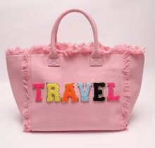 Lade das Bild in den Galerie-Viewer, Pink personalized canvas tote with fringe and colorful travel letters by Travellers Hat Boutique
