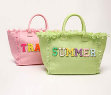 Lade das Bild in den Galerie-Viewer, Personalized canvas tote with fringe in green and pink featuring colorful stitched letters by Travellers Hat Boutique
