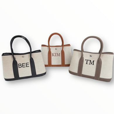 Personalized garden canvas bag tote bags with black brown and tan handles by Travellers Hat Boutique