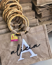 Load image into Gallery viewer, Jute tote bag with bamboo handles and personalized name Alicia design from Travellers Hat Boutique

